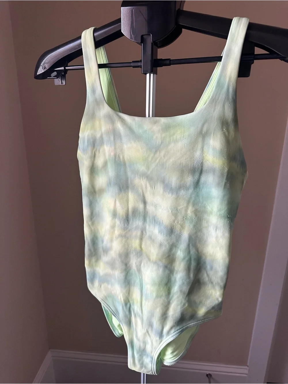 Athleta Kids One-Piece Swimsuit in Light Green and Pale Yellow Tie-Dye